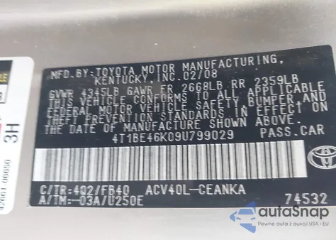 2009 Toyota Camry Le z USA, uszkodzony, nr VIN 4T1BE46K09U799029